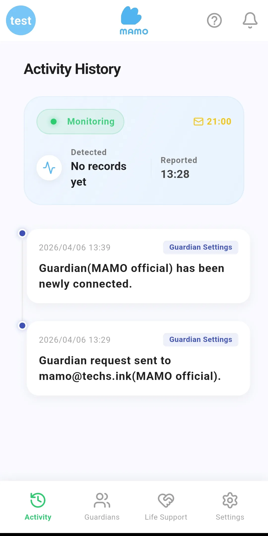 MAMO Live Log Screen